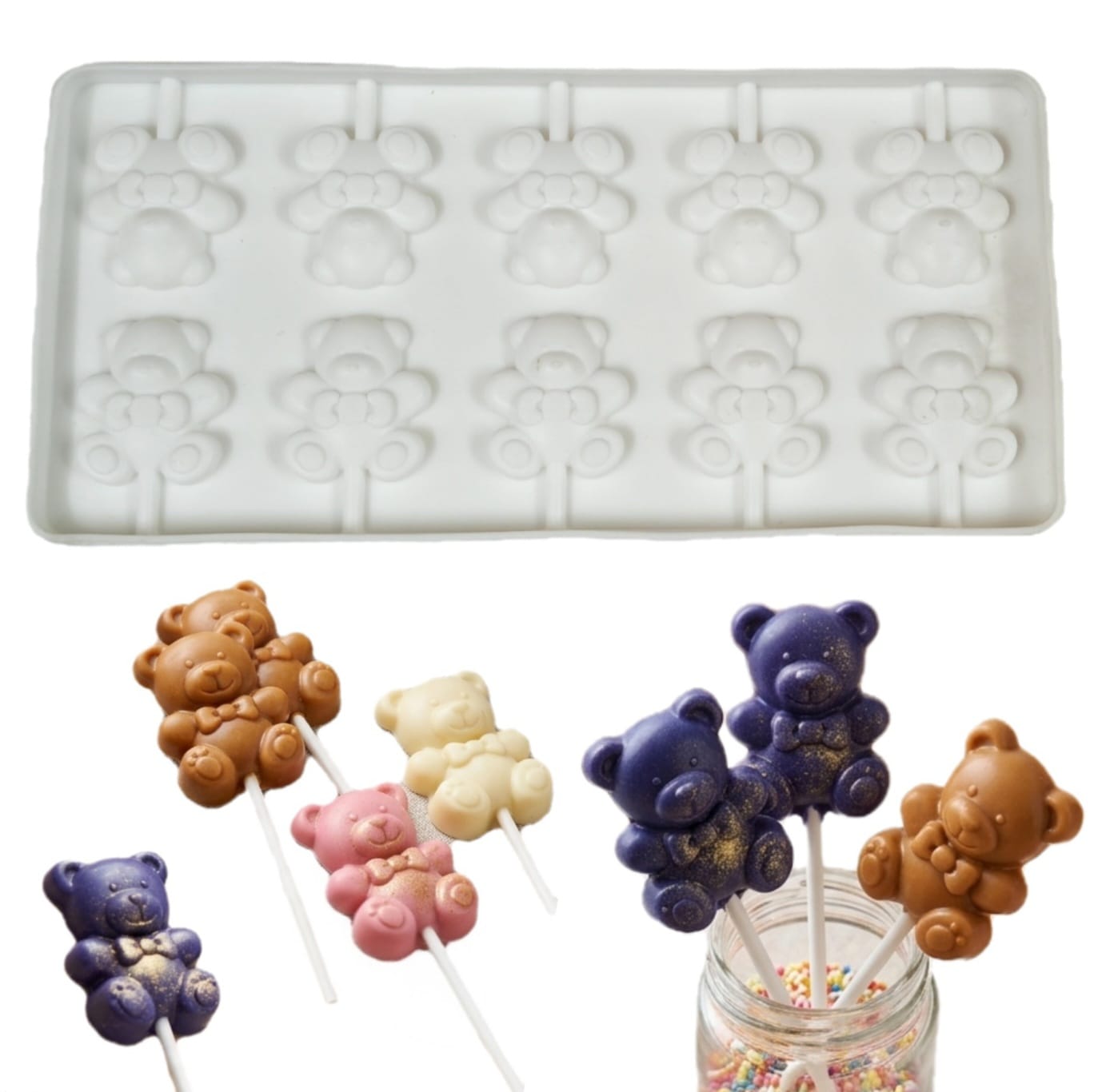10 CAVITY TEDDY LOLIPOP  SILICONE MOULD